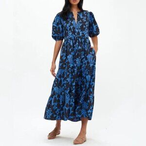 Oliphant Blue and Black Floral Tiered Midi Dress Size Small